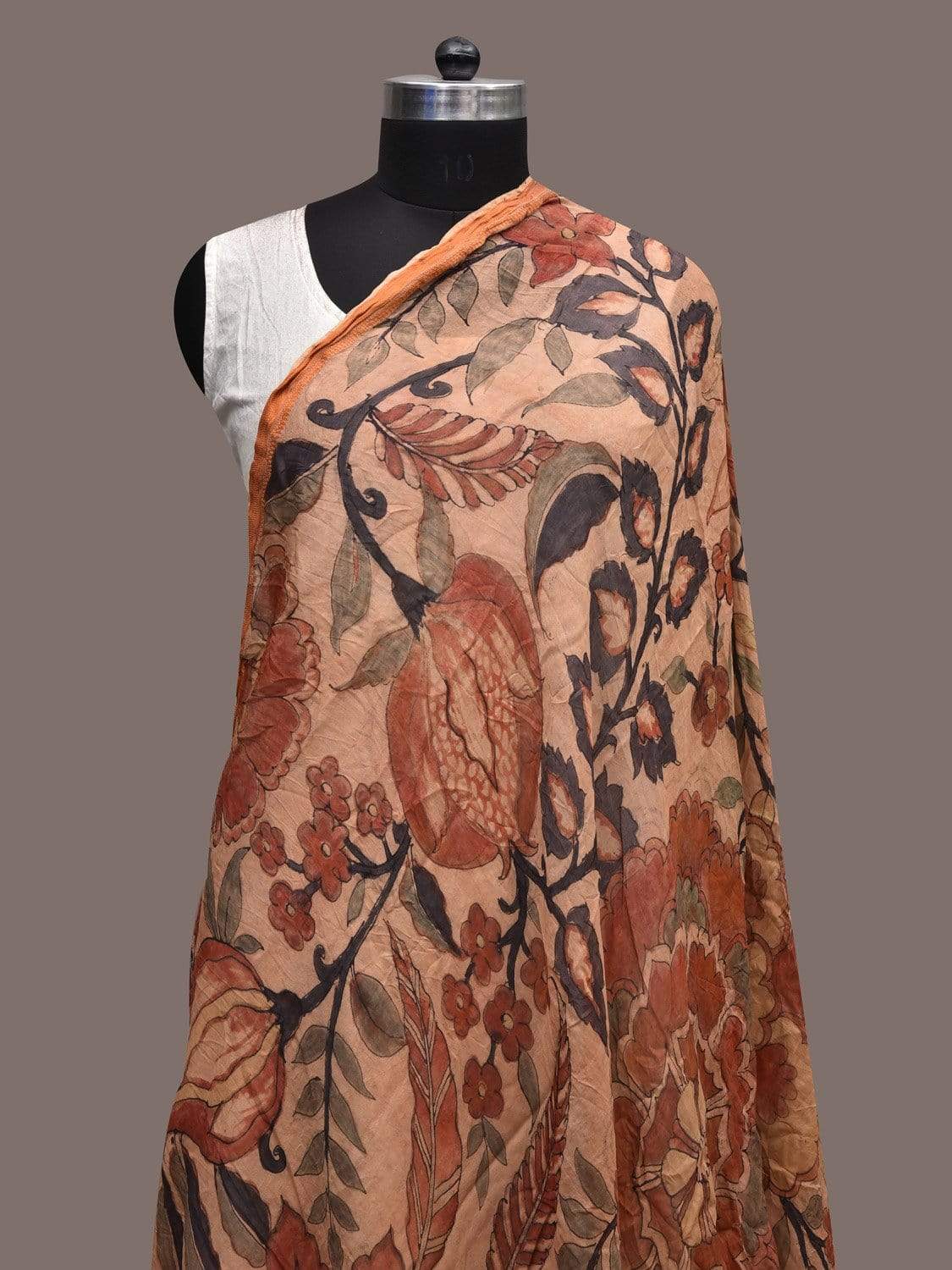 Cream Kalamkari Hand Painted Cotton Silk Handloom Dupatta with Floral Design ds2297