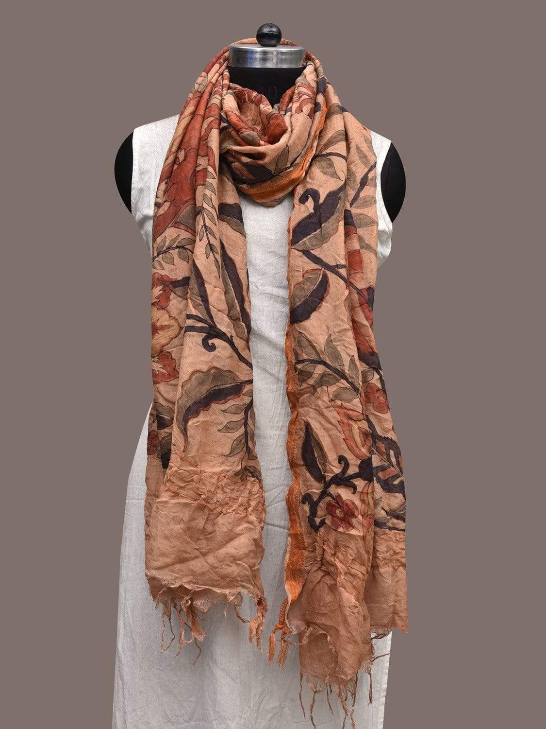 Cream Kalamkari Hand Painted Cotton Silk Handloom Dupatta with Floral Design ds2297