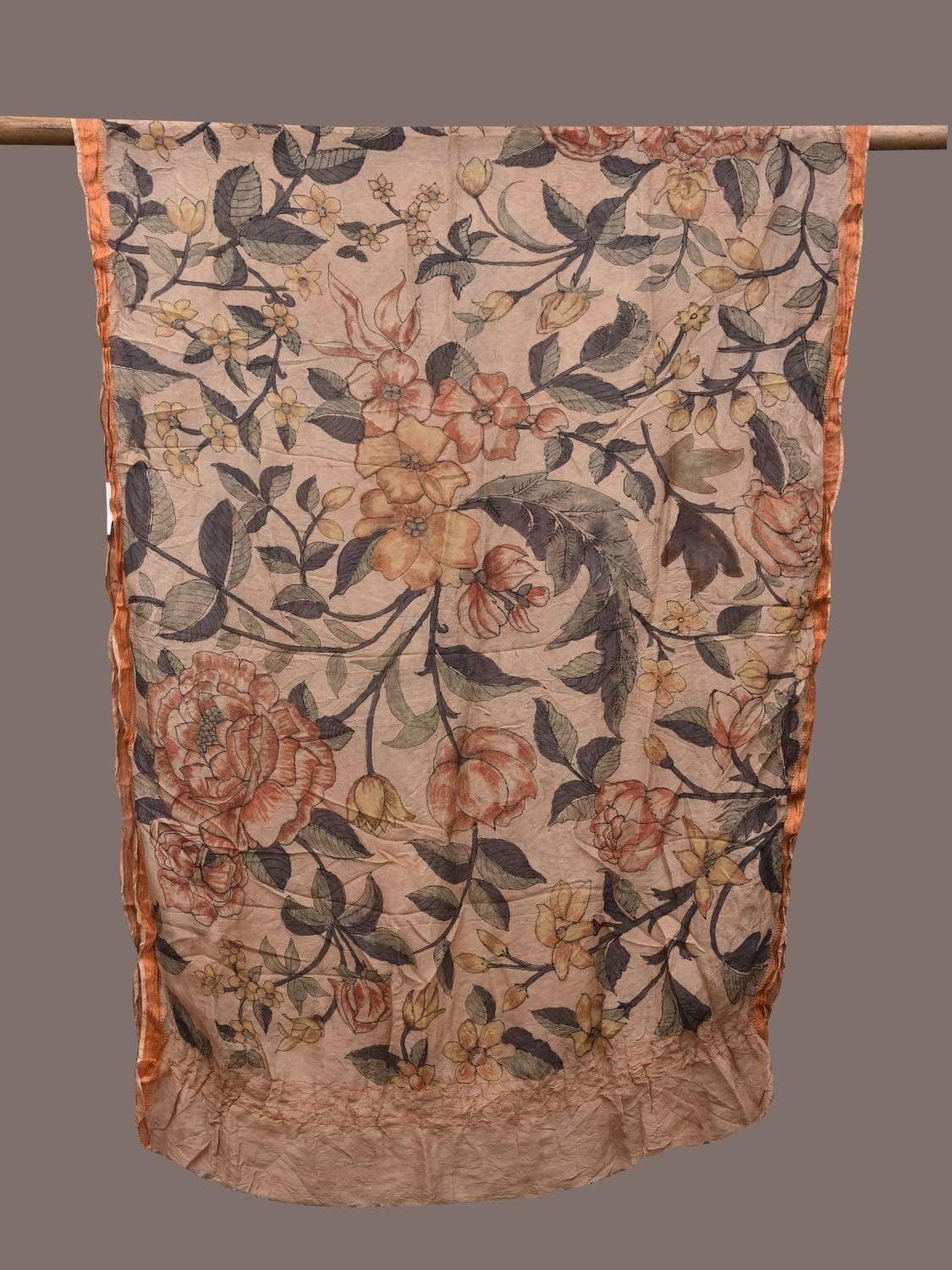 Cream Kalamkari Hand Painted Cotton Silk Handloom Dupatta with Floral Design ds2298