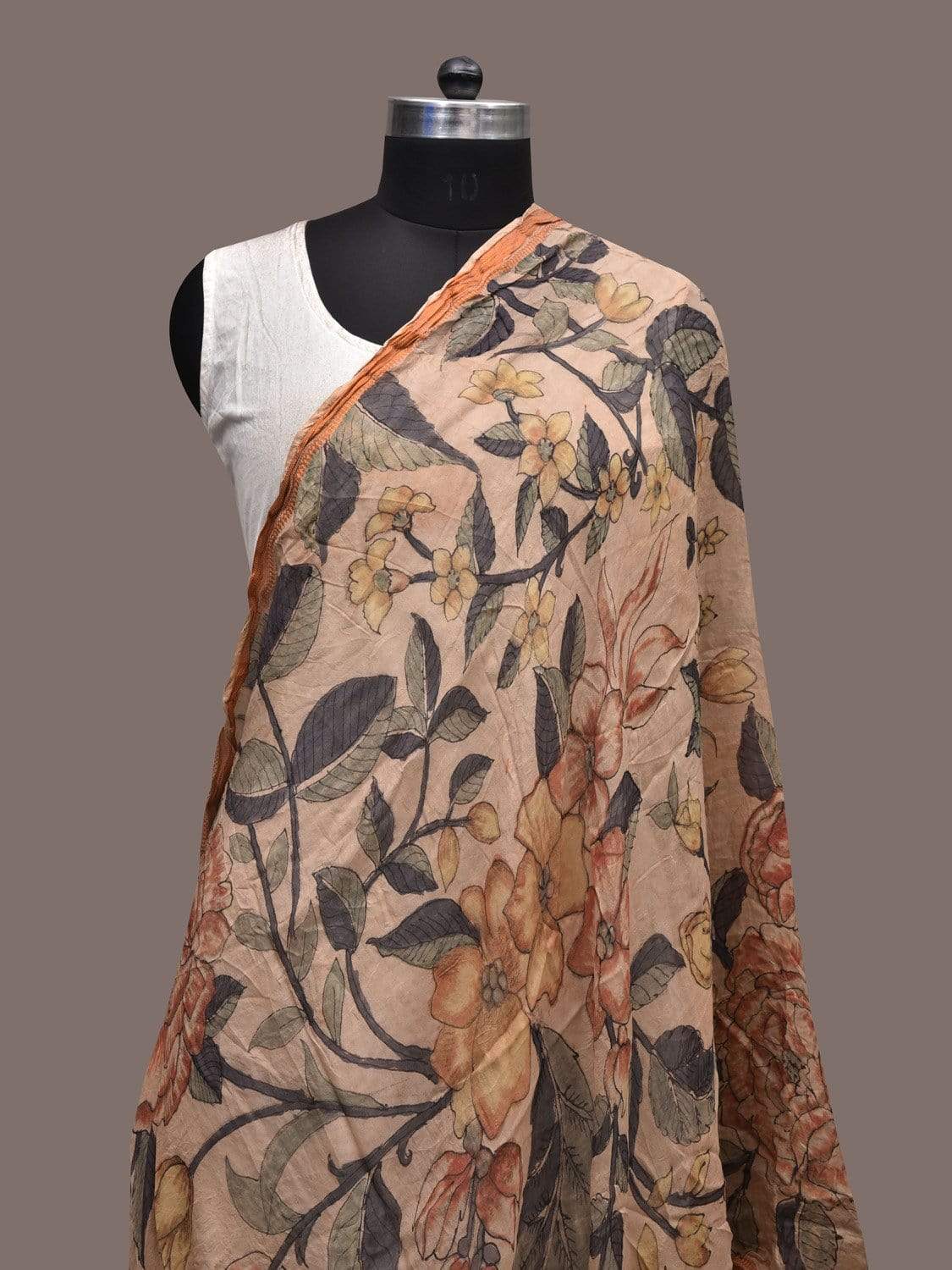 Cream Kalamkari Hand Painted Cotton Silk Handloom Dupatta with Floral Design ds2298