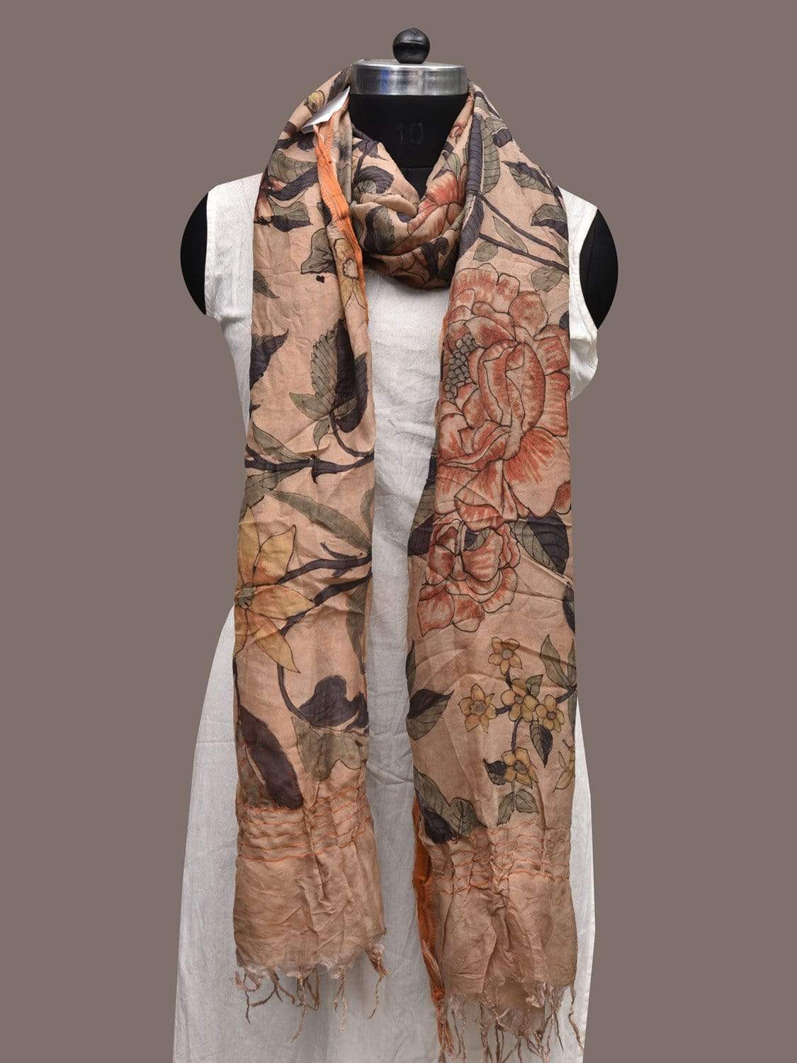 Cream Kalamkari Hand Painted Cotton Silk Handloom Dupatta with Floral Design ds2298