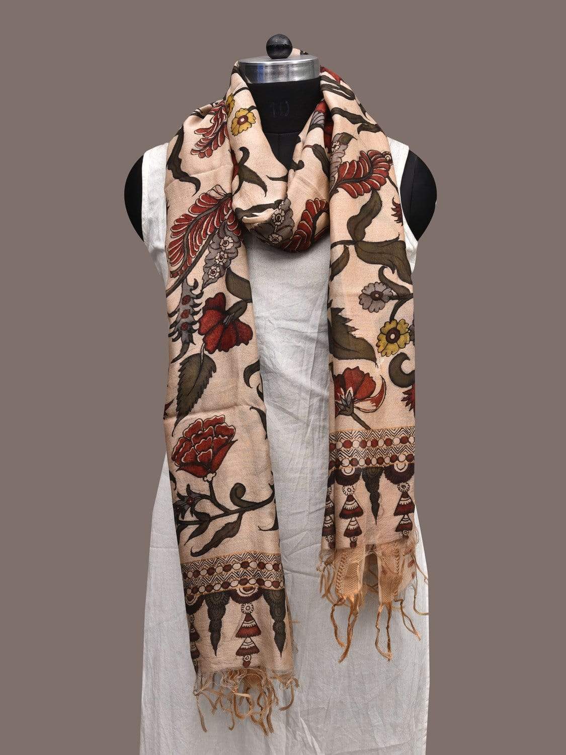 Cream Kalamkari Hand Painted Cotton Silk Handloom Dupatta with Floral Design ds2307