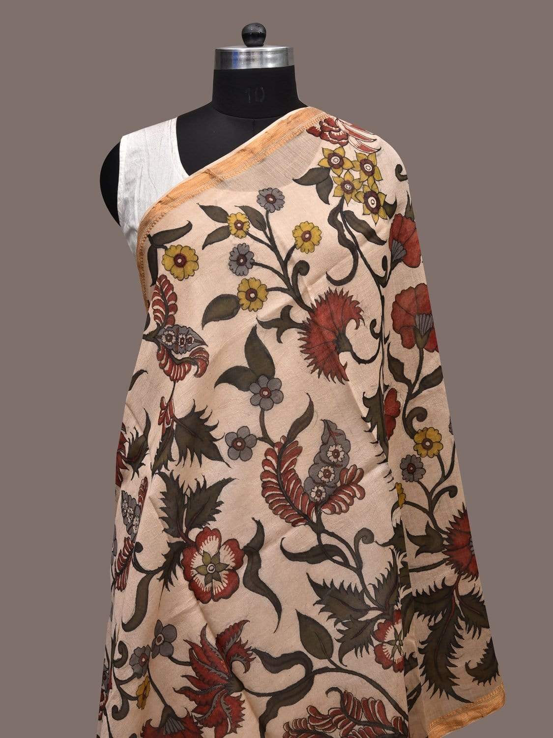 Cream Kalamkari Hand Painted Cotton Silk Handloom Dupatta with Floral Design ds2307