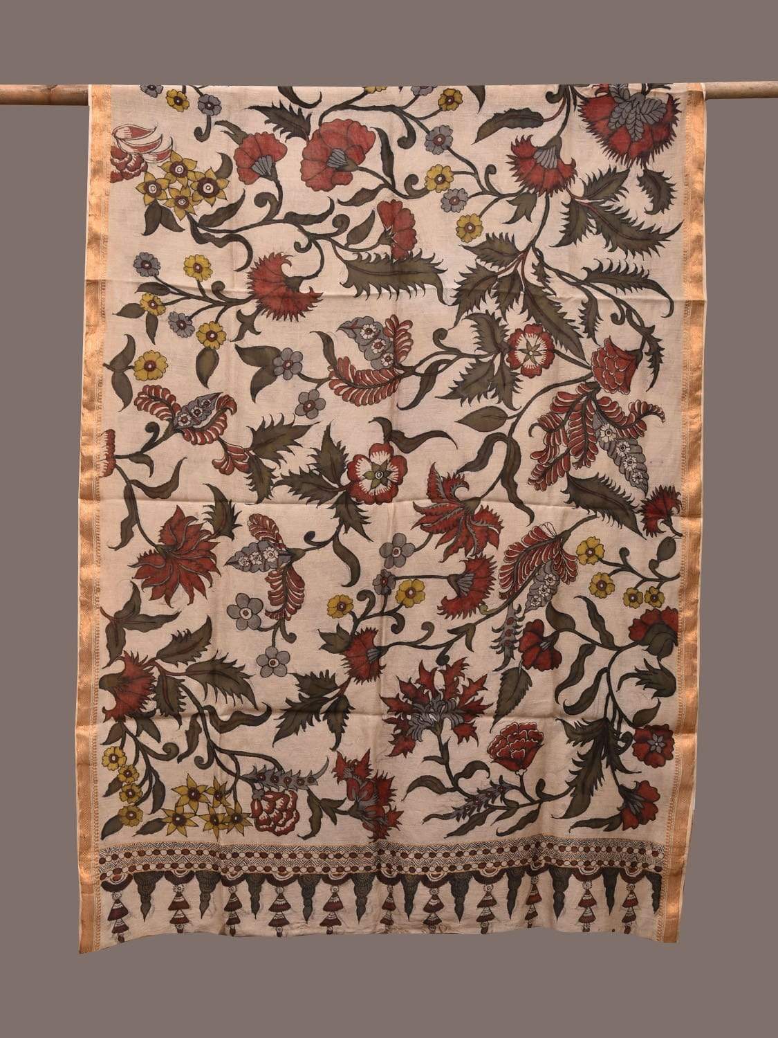 Cream Kalamkari Hand Painted Cotton Silk Handloom Dupatta with Floral Design ds2307
