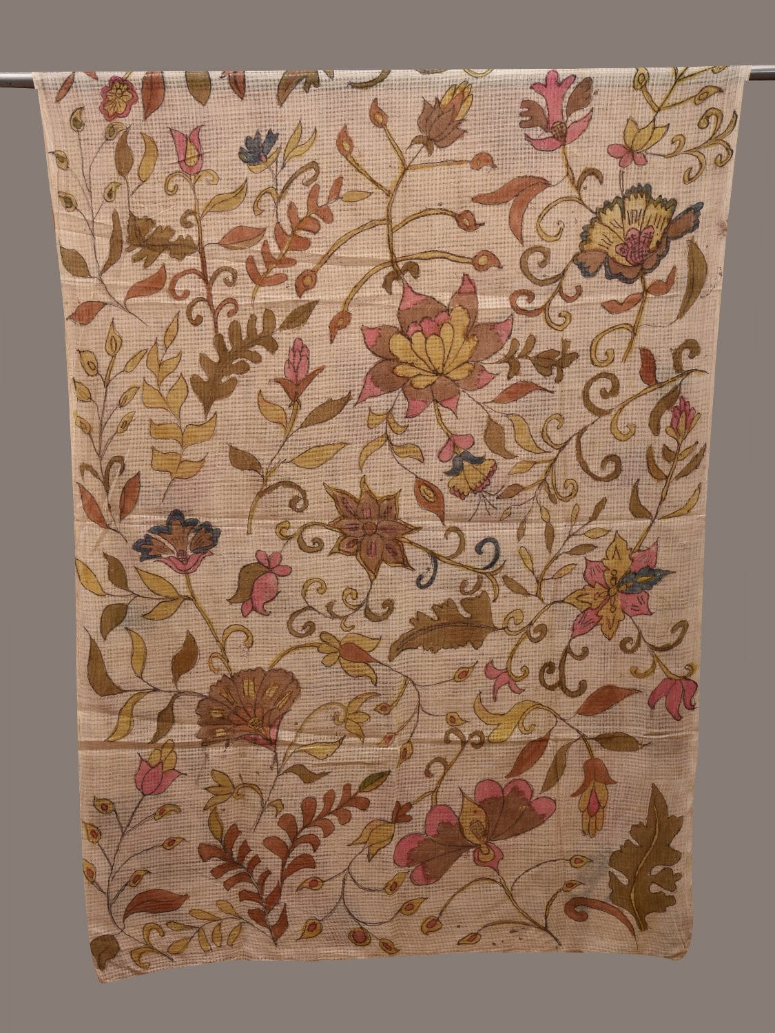 Cream Kalamkari Hand Painted Cotton Silk Handloom Dupatta with Floral Design ds2677