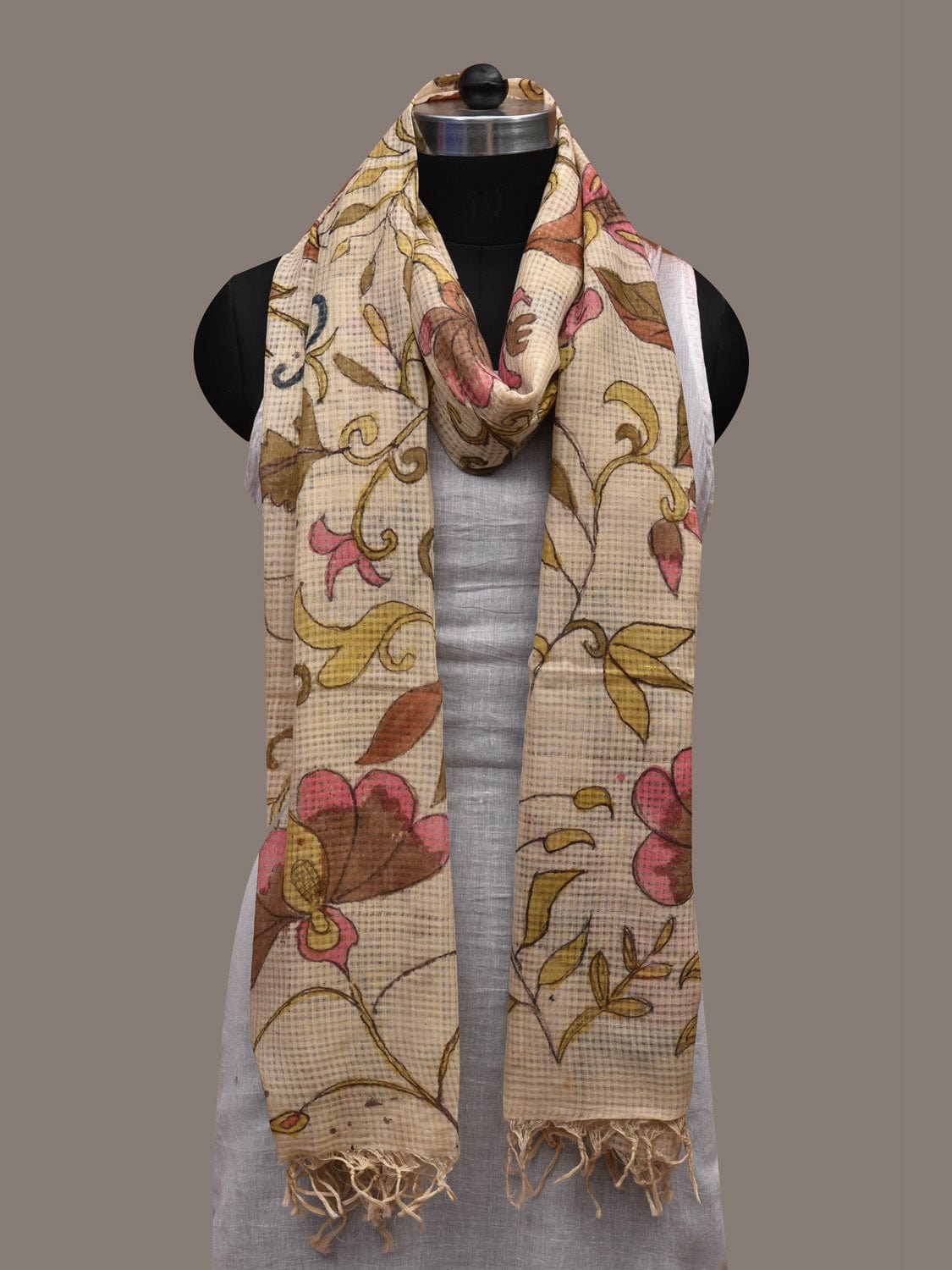 Cream Kalamkari Hand Painted Cotton Silk Handloom Dupatta with Floral Design ds2677