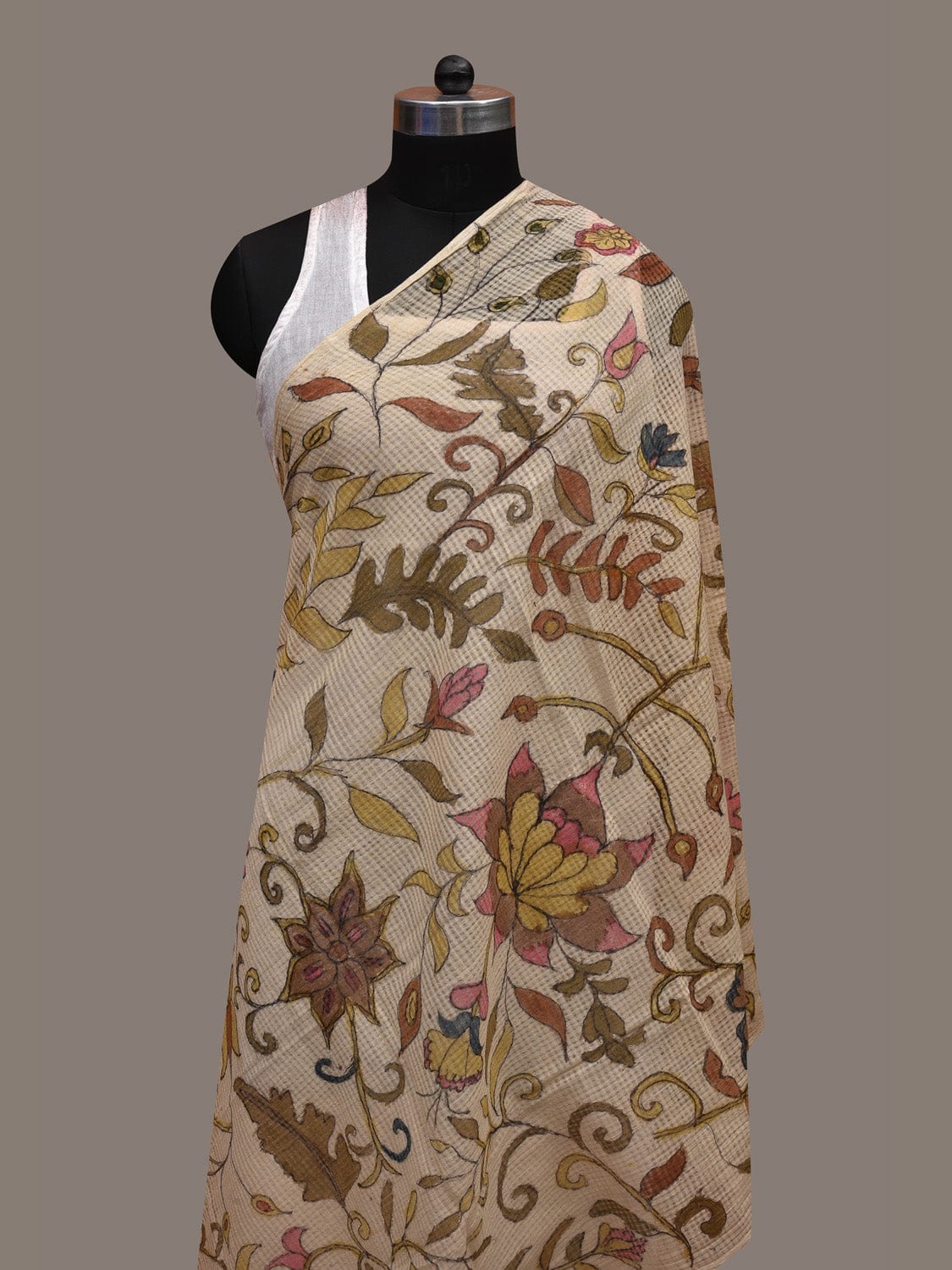 Cream Kalamkari Hand Painted Cotton Silk Handloom Dupatta with Floral Design ds2677