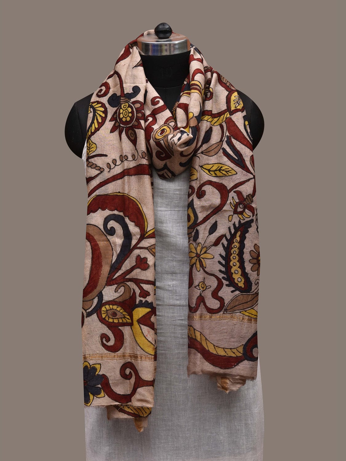 Cream Kalamkari Hand Painted Cotton Silk Handloom Dupatta with Floral Design ds2751