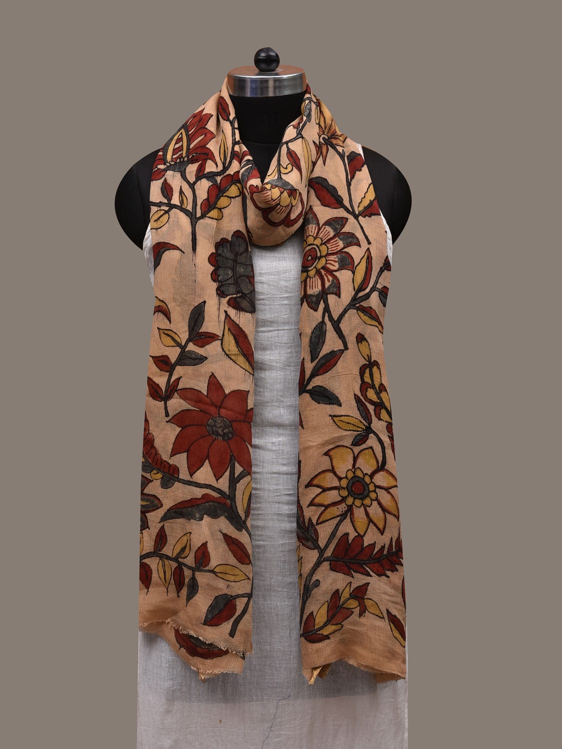 Cream Kalamkari Hand Painted Cotton Silk Handloom Dupatta with Floral Design ds2794