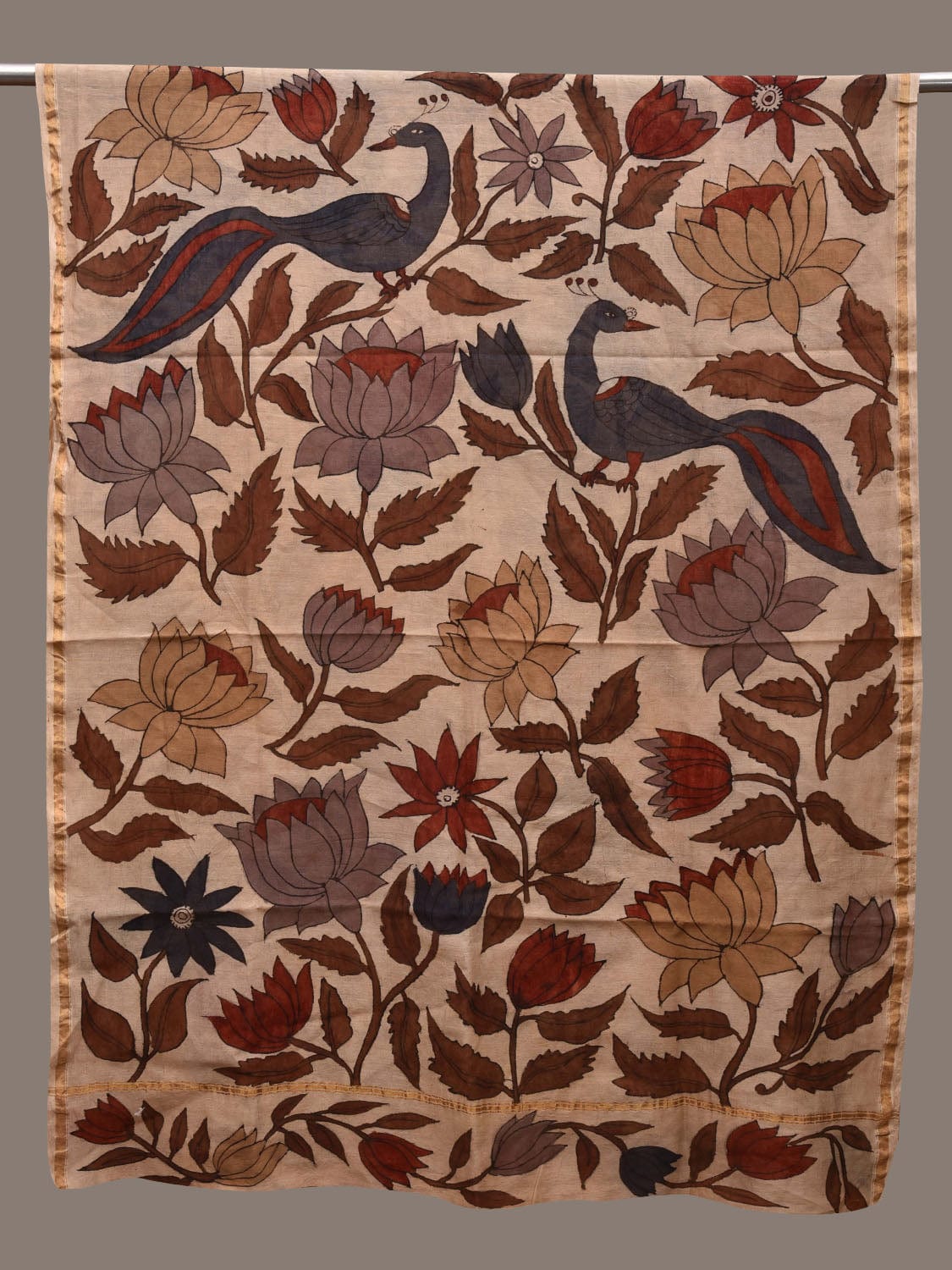 Cream Kalamkari Hand Painted Cotton Silk Handloom Dupatta with Lotus and Peacocks Design ds2753