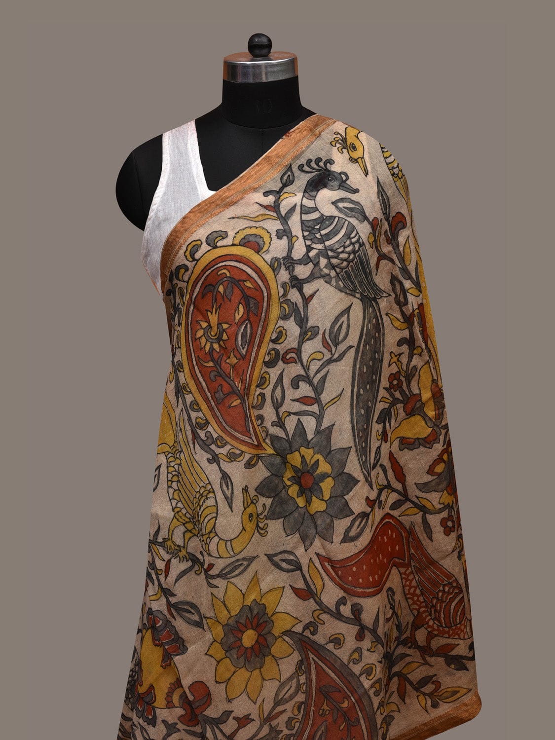 Cream Kalamkari Hand Painted Cotton Silk Handloom Dupatta with Mango and Peacocks Design ds2675