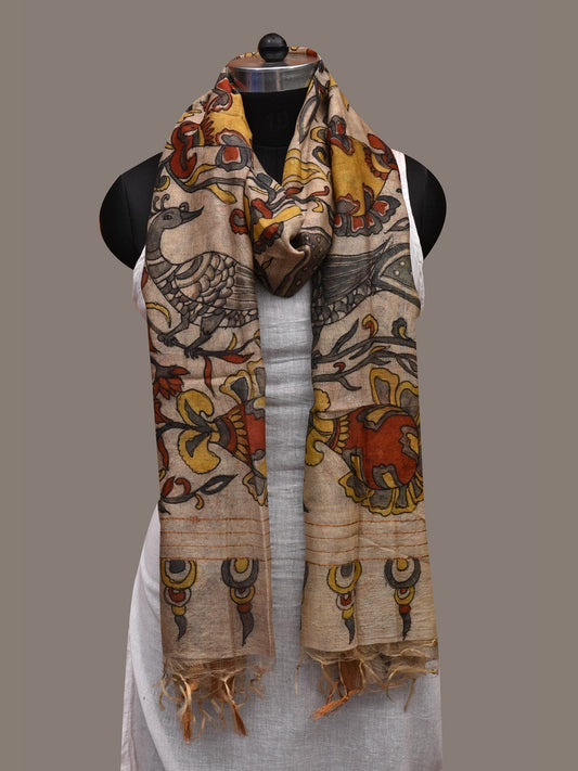 Cream Kalamkari Hand Painted Cotton Silk Handloom Dupatta with Mango and Peacocks Design ds2675