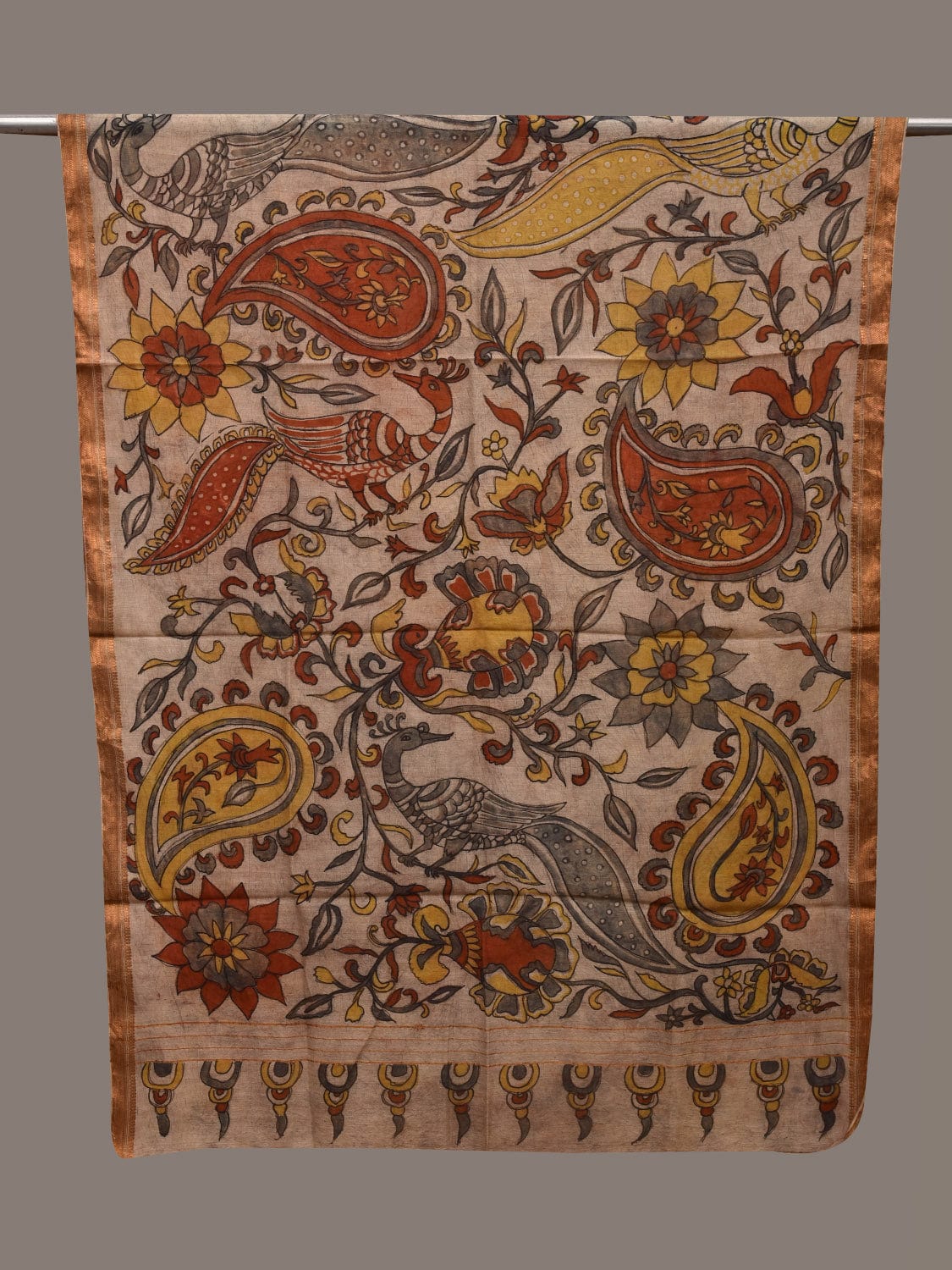 Cream Kalamkari Hand Painted Cotton Silk Handloom Dupatta with Mango and Peacocks Design ds2675