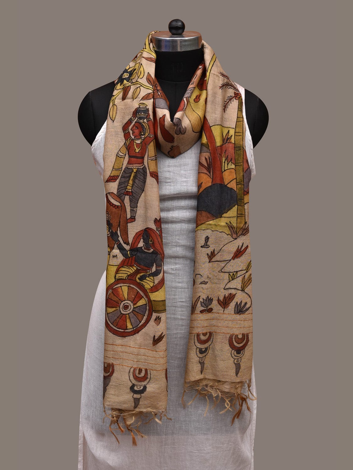 Cream Kalamkari Hand Painted Cotton Silk Handloom Dupatta with Village Life Design ds2673