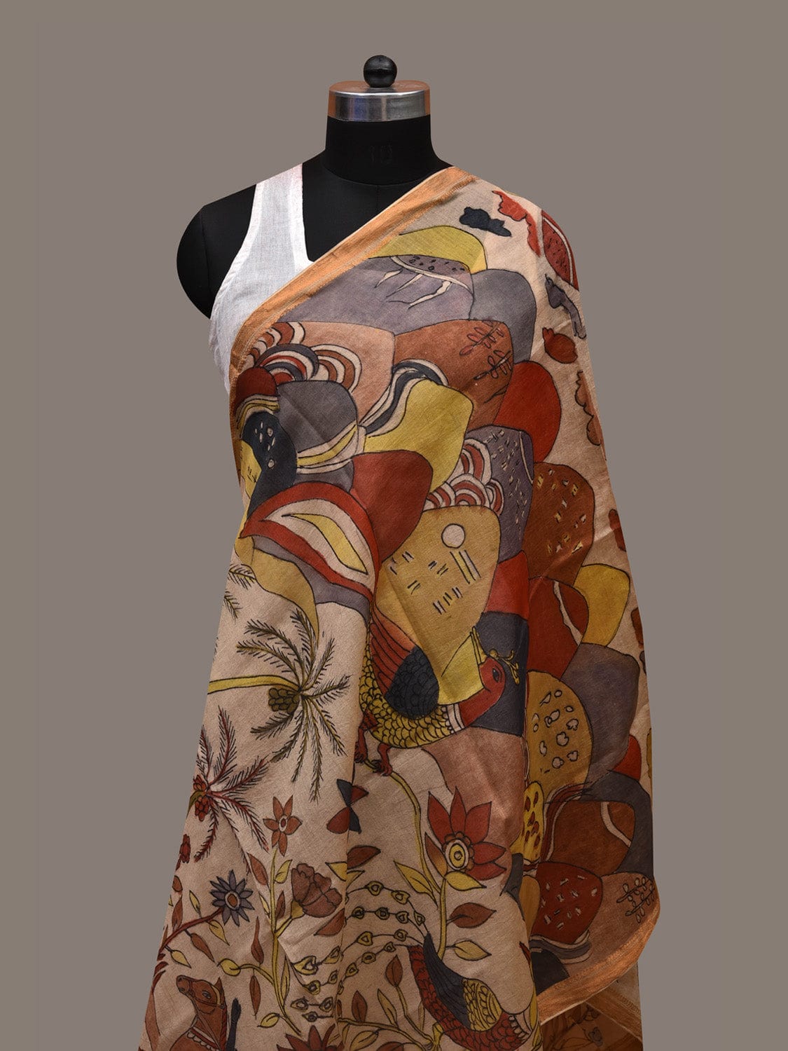 Cream Kalamkari Hand Painted Cotton Silk Handloom Dupatta with Village Life Design ds2673