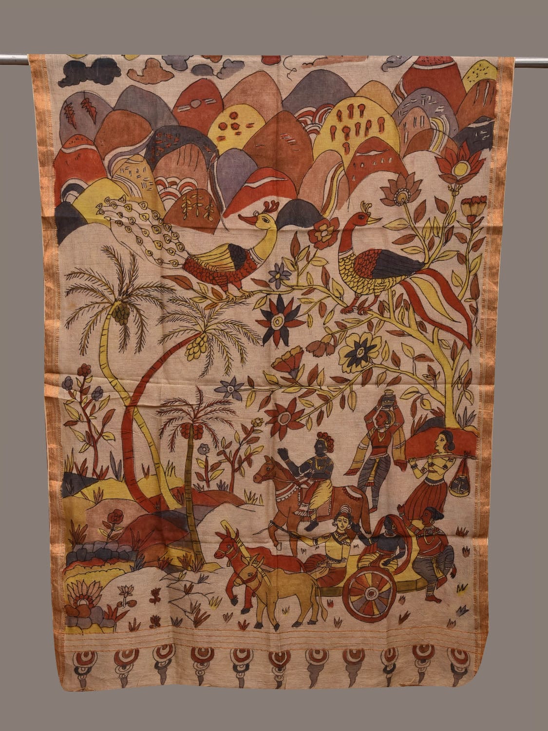 Cream Kalamkari Hand Painted Cotton Silk Handloom Dupatta with Village Life Design ds2673