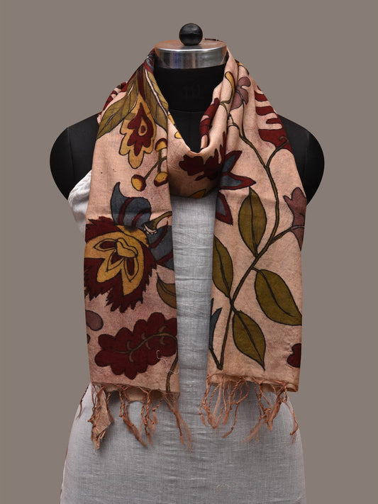 Cream Kalamkari Hand Painted Cotton Silk Handloom Stole with Floral Design ds2709