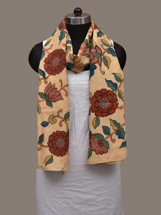 Cream Kalamkari Hand Painted Cotton Silk Handloom Stole with Floral Design ds3029