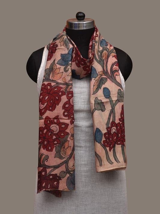 Cream Kalamkari Hand Painted Cotton Silk Handloom Stole with Lotus Flowers Design ds3011