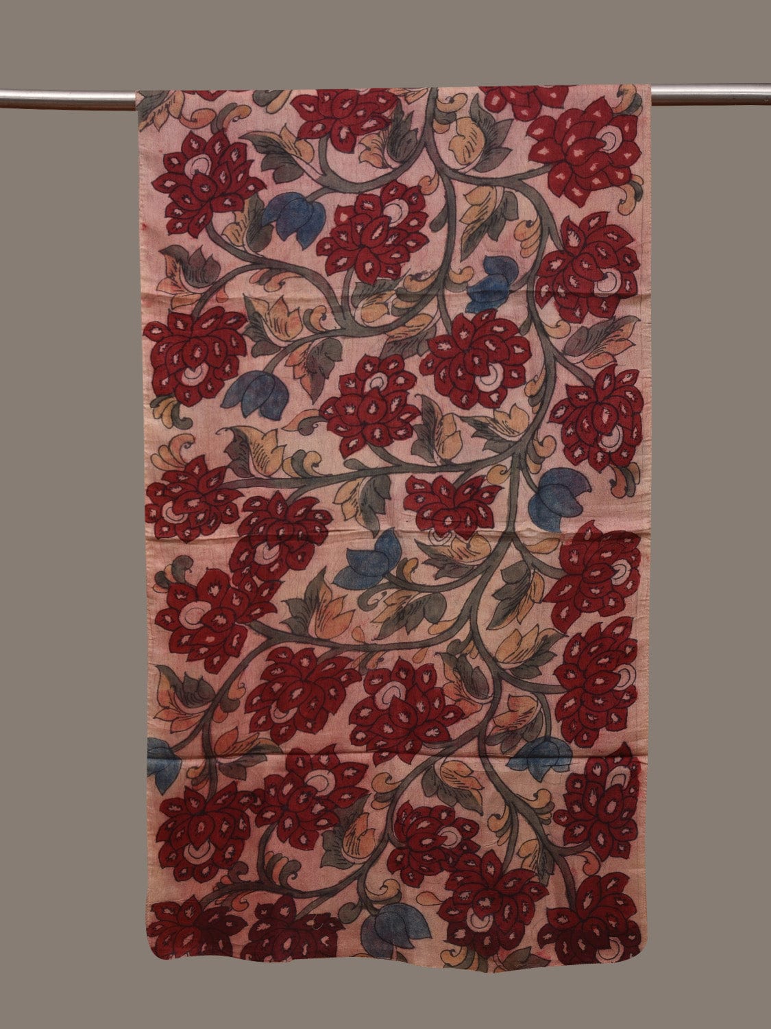 Cream Kalamkari Hand Painted Cotton Silk Handloom Stole with Lotus Flowers Design ds3011