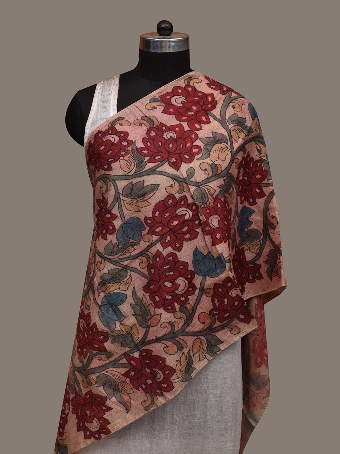 Cream Kalamkari Hand Painted Cotton Silk Handloom Stole with Lotus Flowers Design ds3011