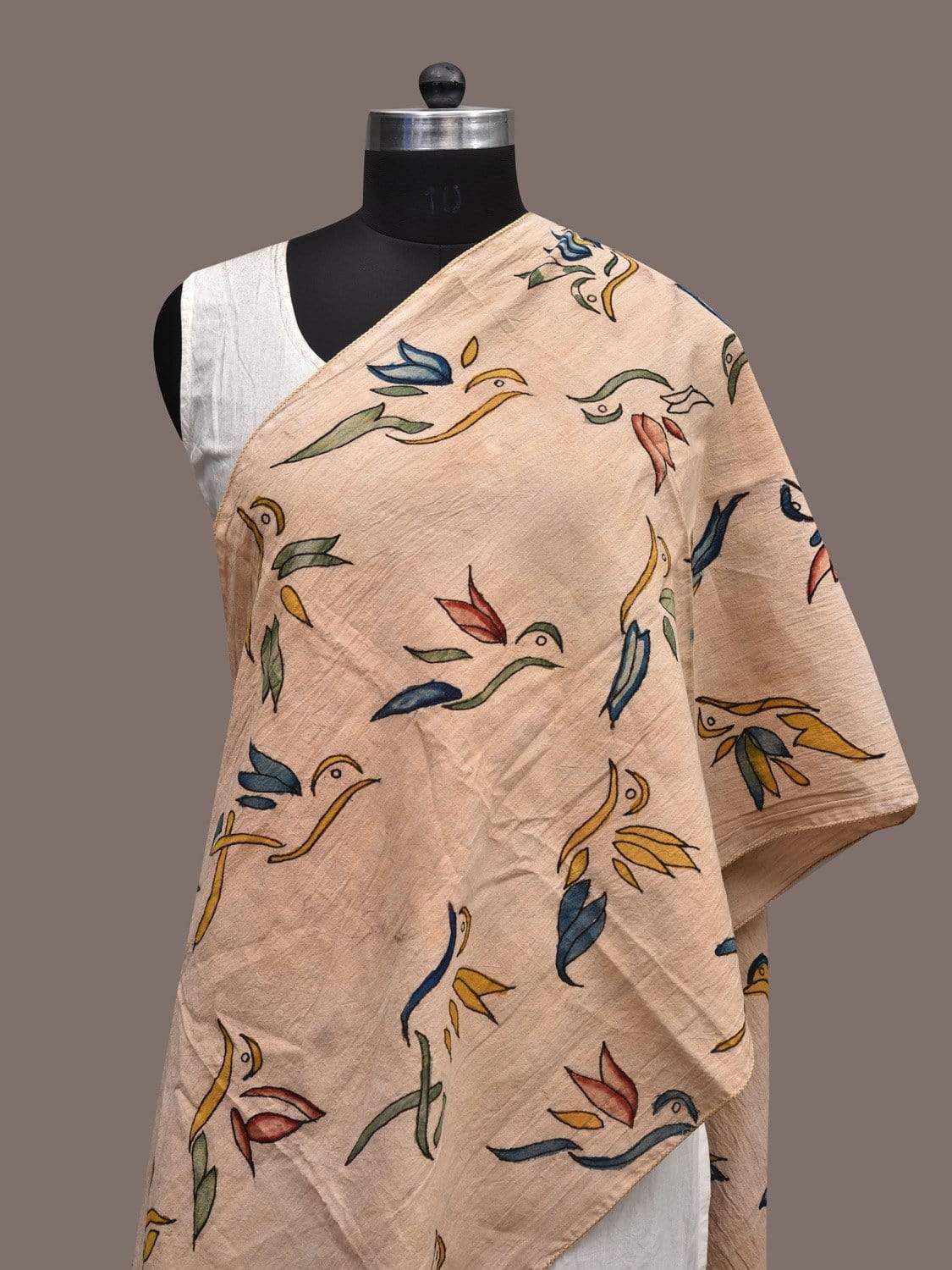 Cream Kalamkari Hand Painted Cotton Stole with Birds Design ds2323