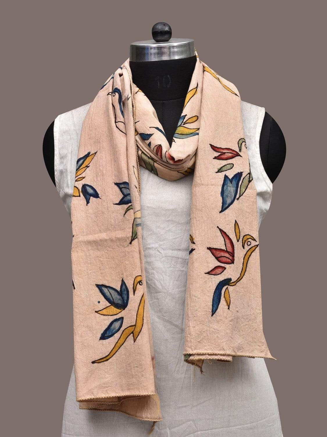 Cream Kalamkari Hand Painted Cotton Stole with Birds Design ds2323