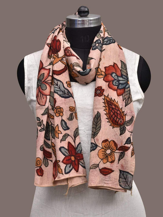 Cream Kalamkari Hand Painted Cotton Stole with Floral Design ds2317