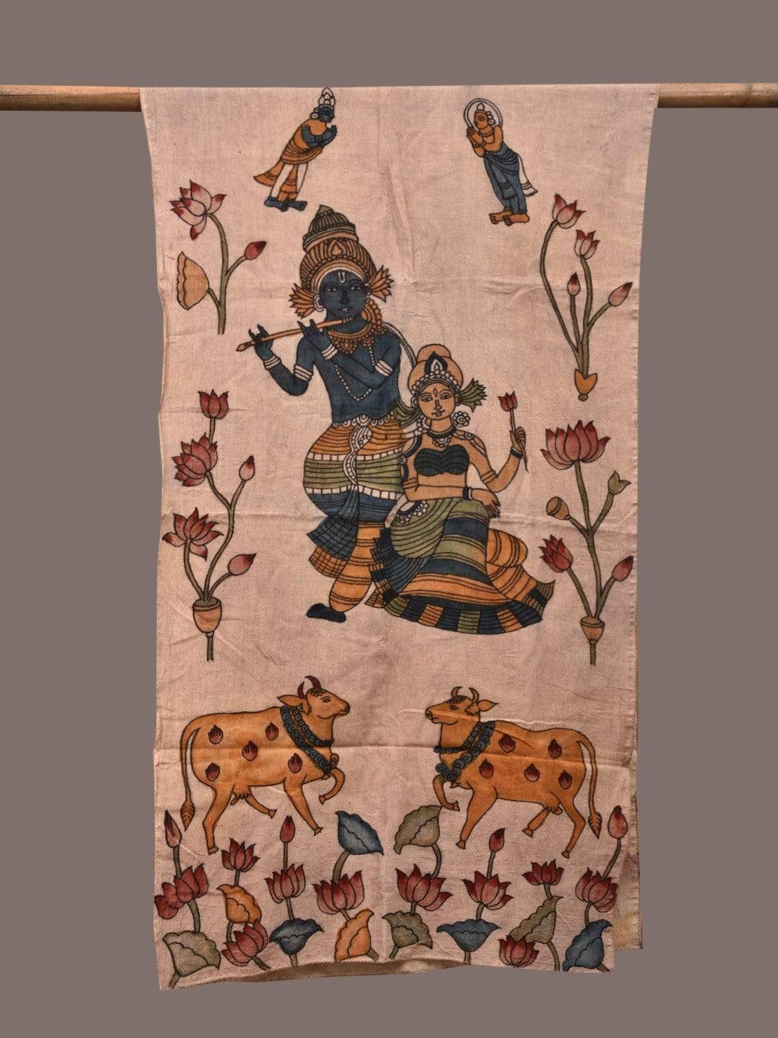 Cream Kalamkari Hand Painted Cotton Stole with Radha Krishna and Cows Design ds2310