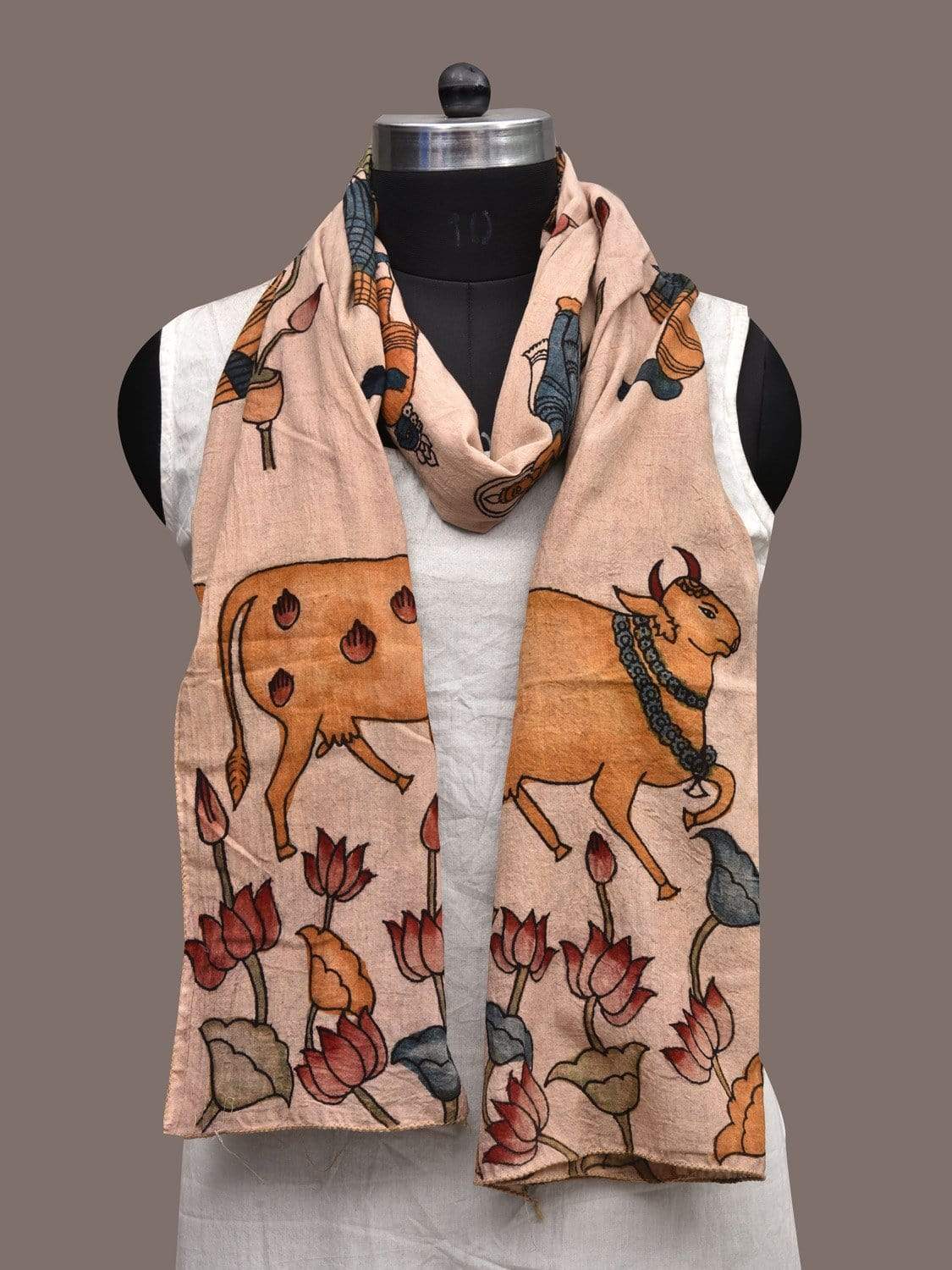 Cream Kalamkari Hand Painted Cotton Stole with Radha Krishna and Cows Design ds2310