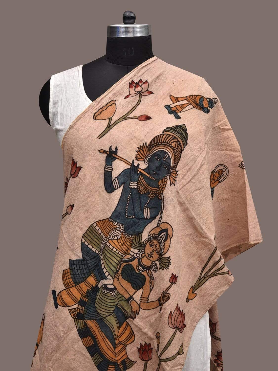 Cream Kalamkari Hand Painted Cotton Stole with Radha Krishna and Cows Design ds2310