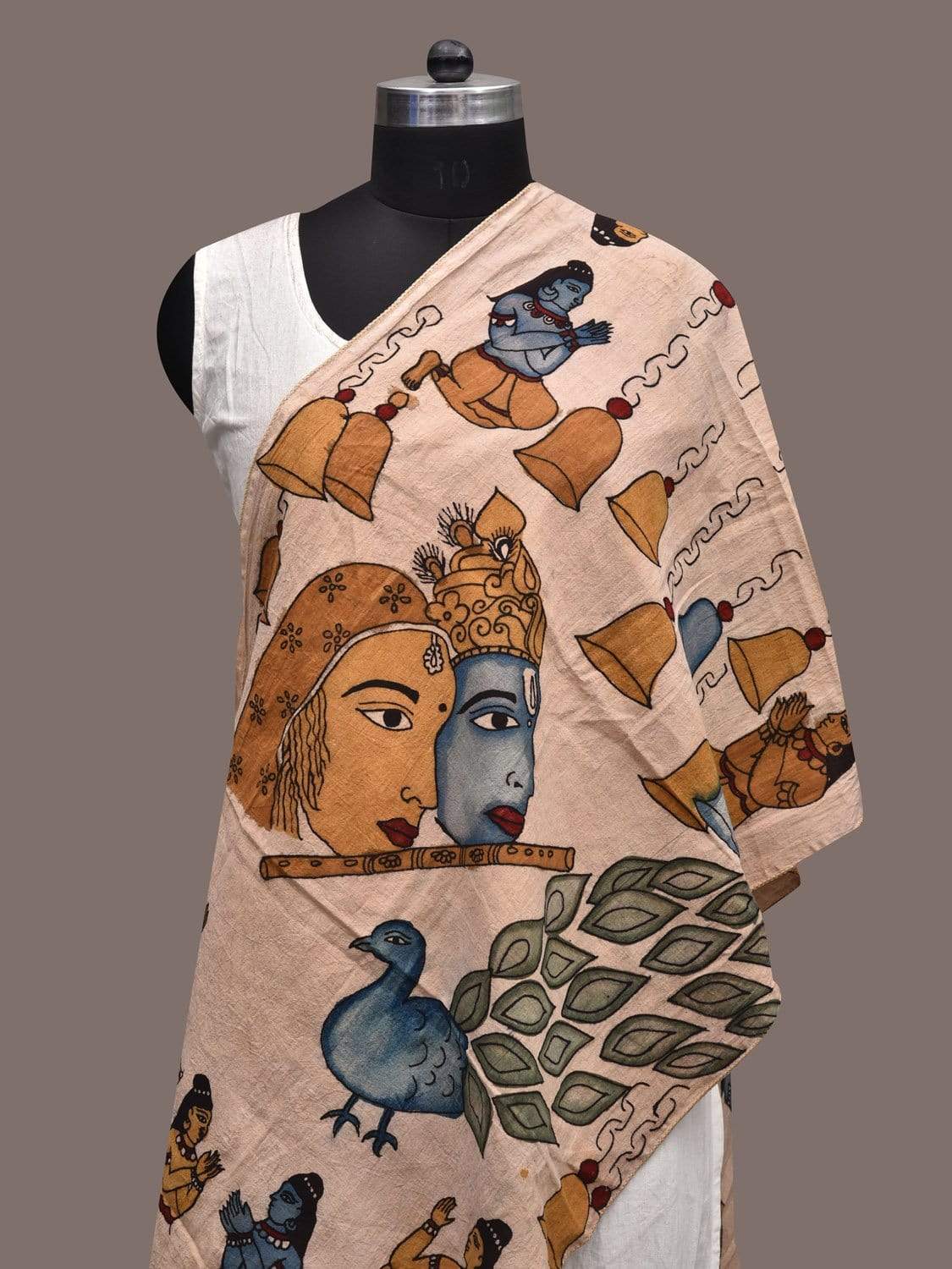 Cream Kalamkari Hand Painted Cotton Stole with Radha Krishna and Peacock Design ds2313