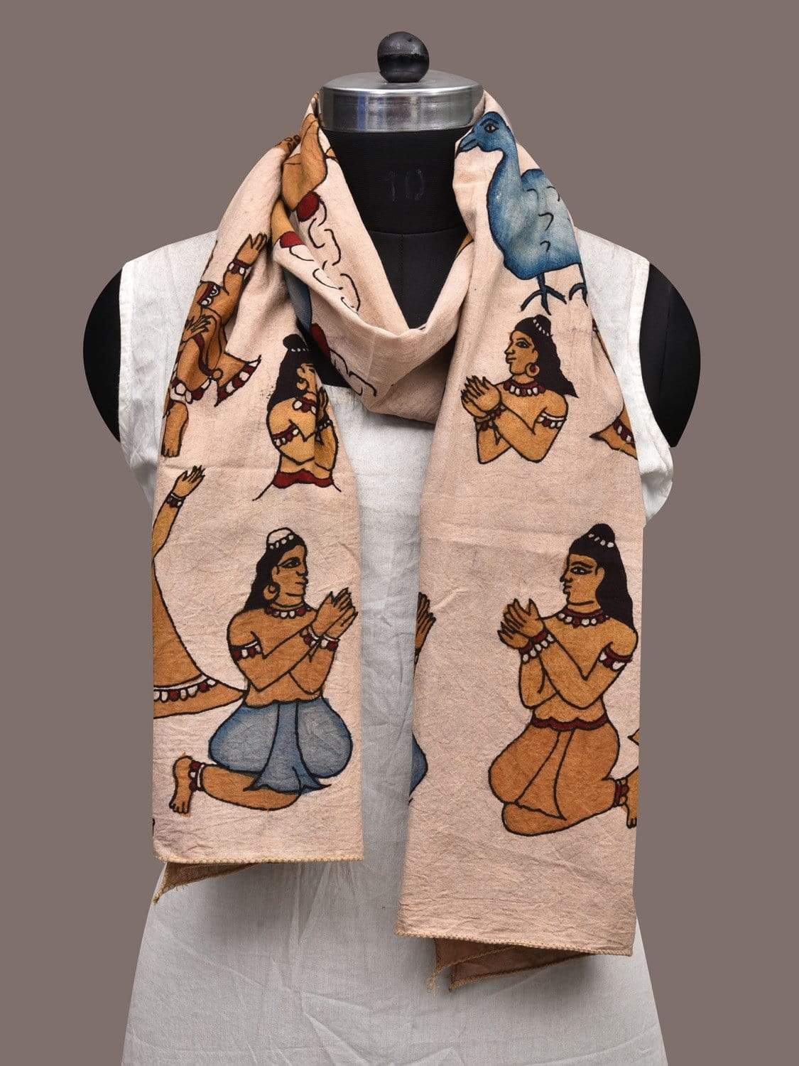 Cream Kalamkari Hand Painted Cotton Stole with Radha Krishna and Peacock Design ds2313