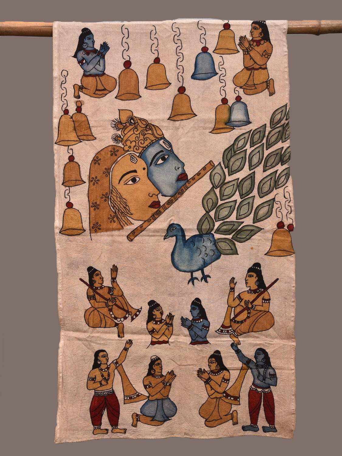 Cream Kalamkari Hand Painted Cotton Stole with Radha Krishna and Peacock Design ds2313