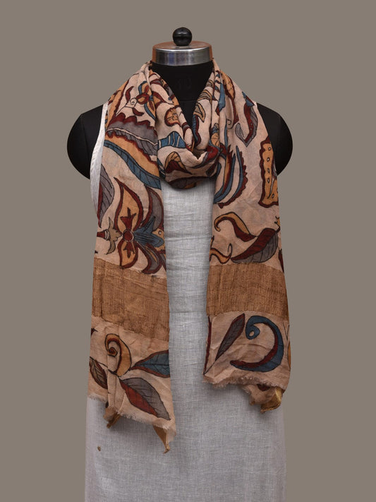 Cream Kalamkari Hand Painted Crepe Dupatta with Floral Design ds2993