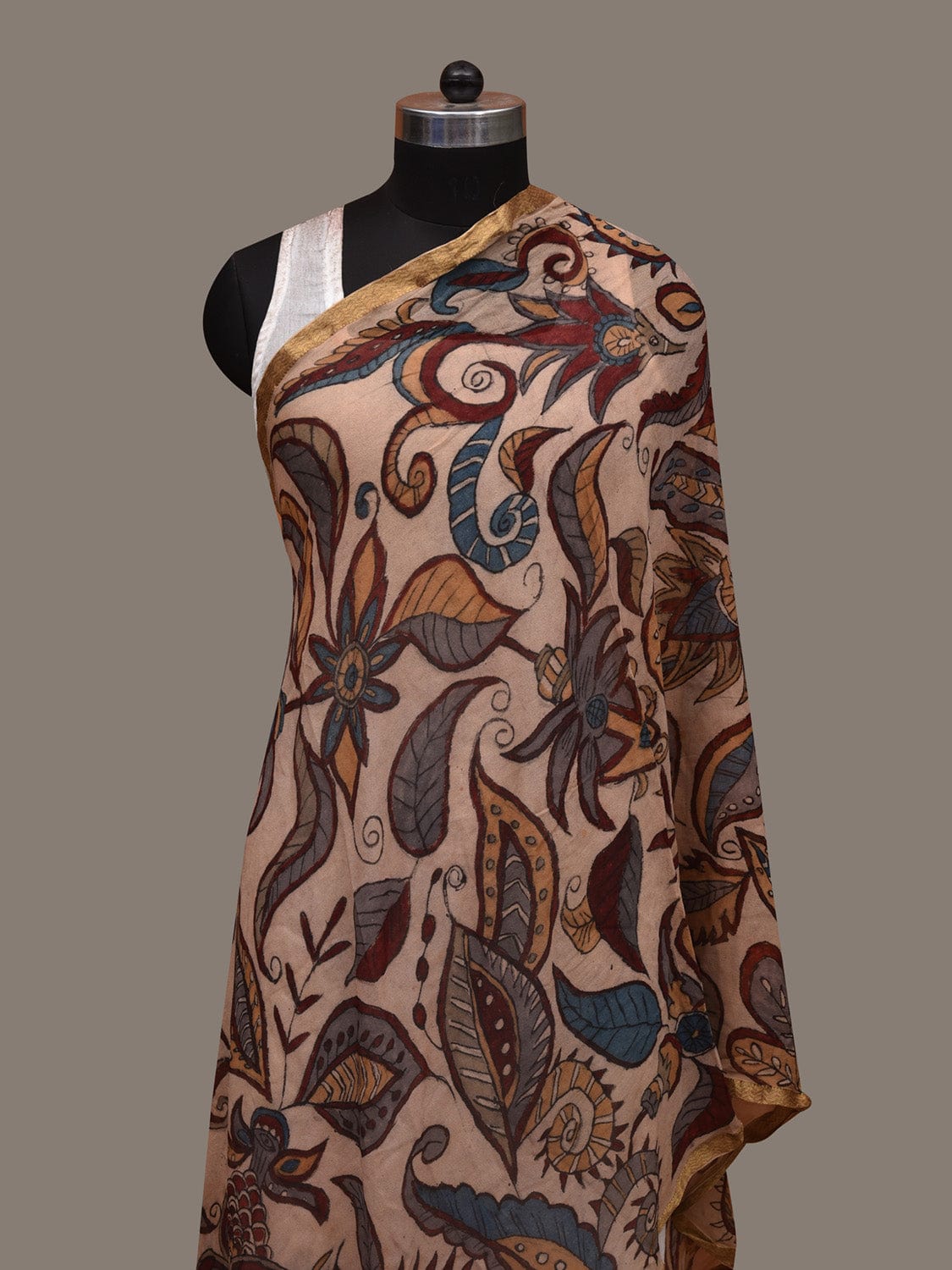 Cream Kalamkari Hand Painted Crepe Dupatta with Floral Design ds2993