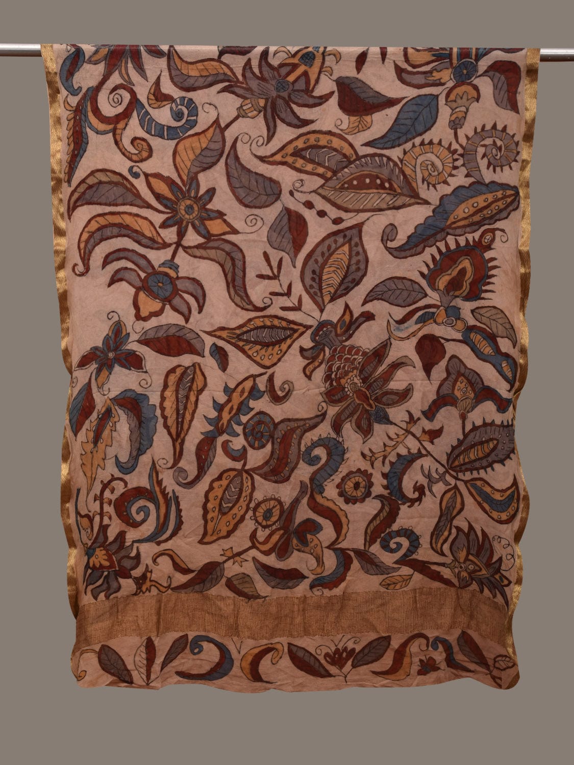 Cream Kalamkari Hand Painted Crepe Dupatta with Floral Design ds2993