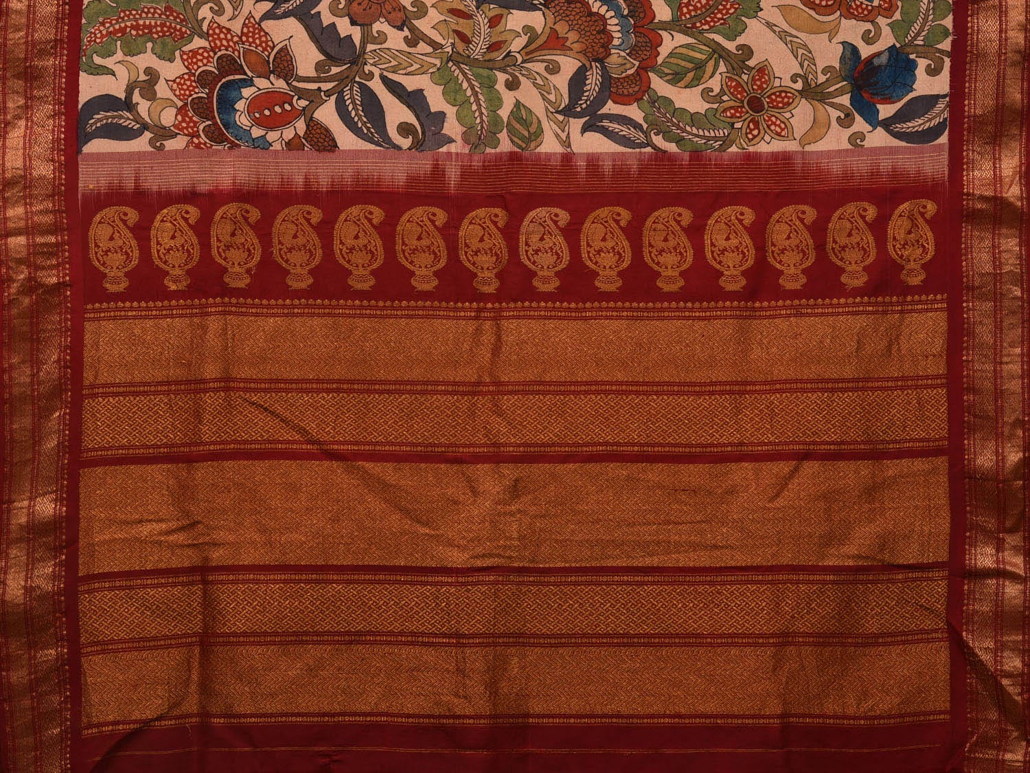 Cream Kalamkari Hand Painted Gadwal Silk Handloom Saree with Floral Design KL0661