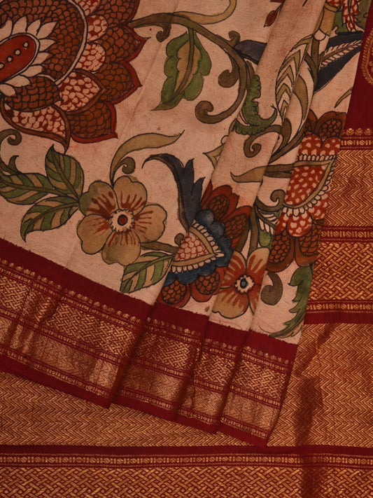 Cream Kalamkari Hand Painted Gadwal Silk Handloom Saree with Floral Design KL0661