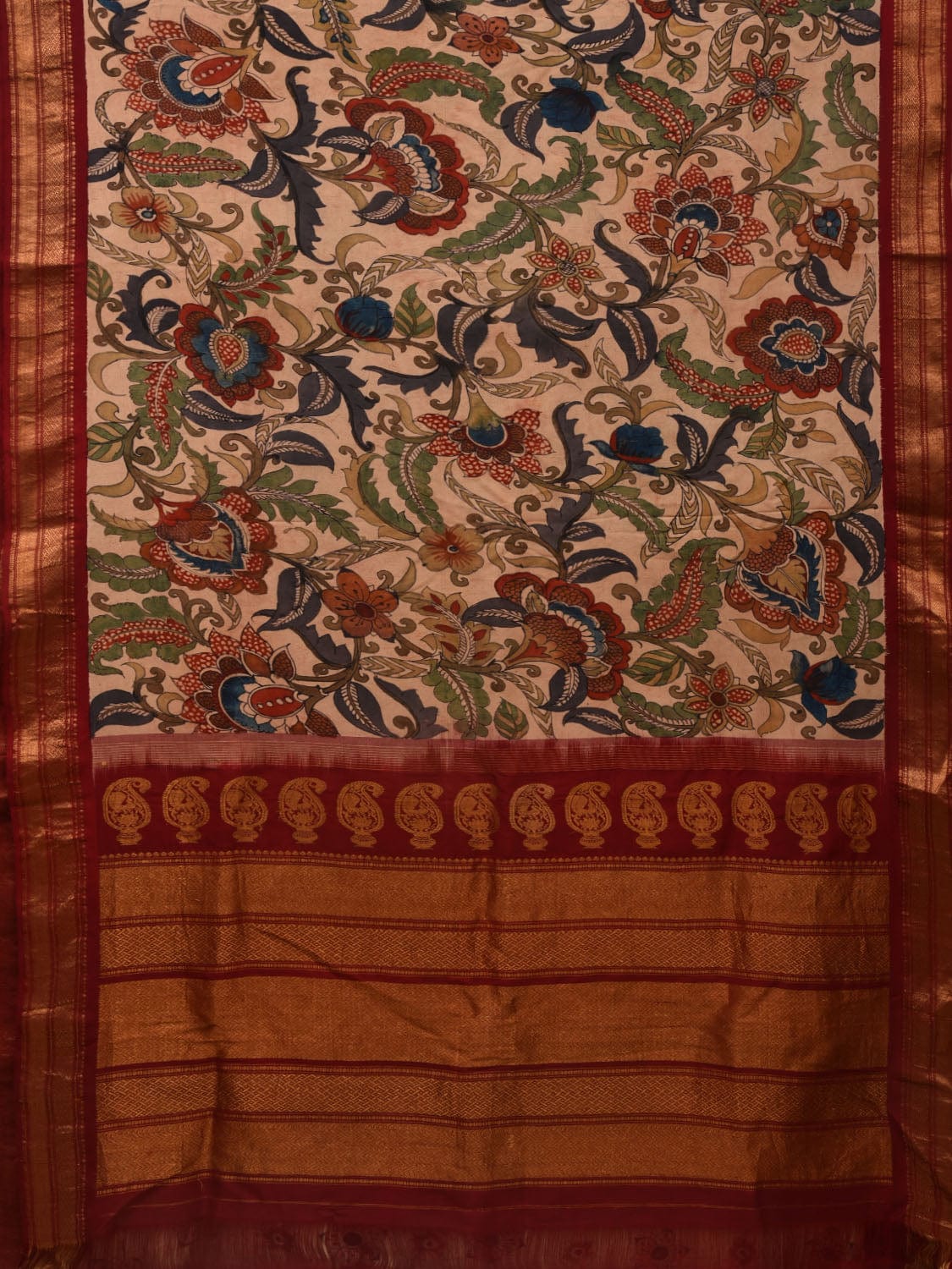 Cream Kalamkari Hand Painted Gadwal Silk Handloom Saree with Floral Design KL0661