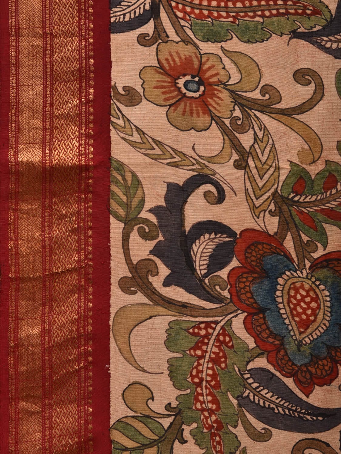 Cream Kalamkari Hand Painted Gadwal Silk Handloom Saree with Floral Design KL0661