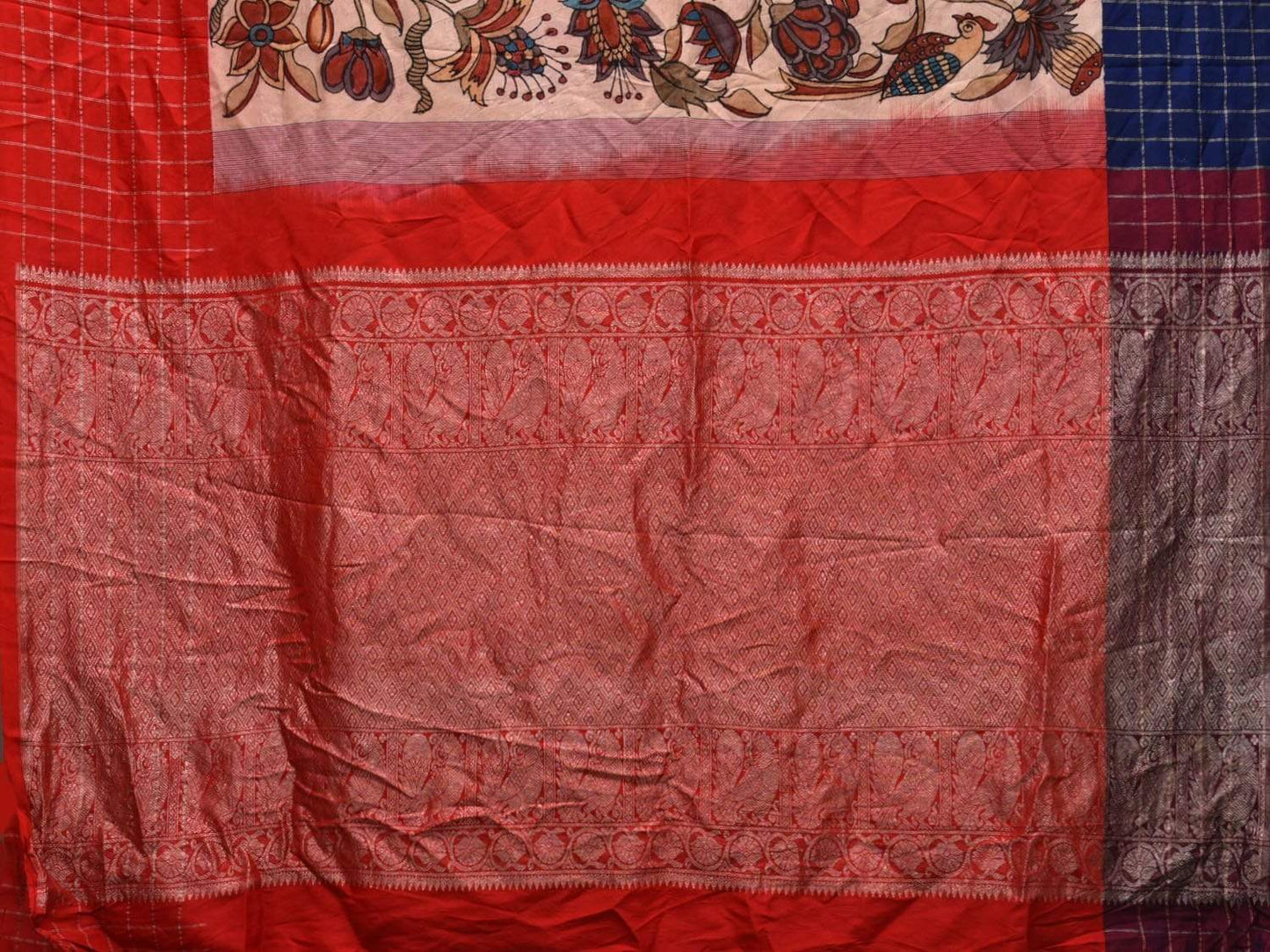 Cream Kalamkari Hand Painted Gadwal Silk Handloom Saree with Ganga-Jamuna Border Checks Design KL0478