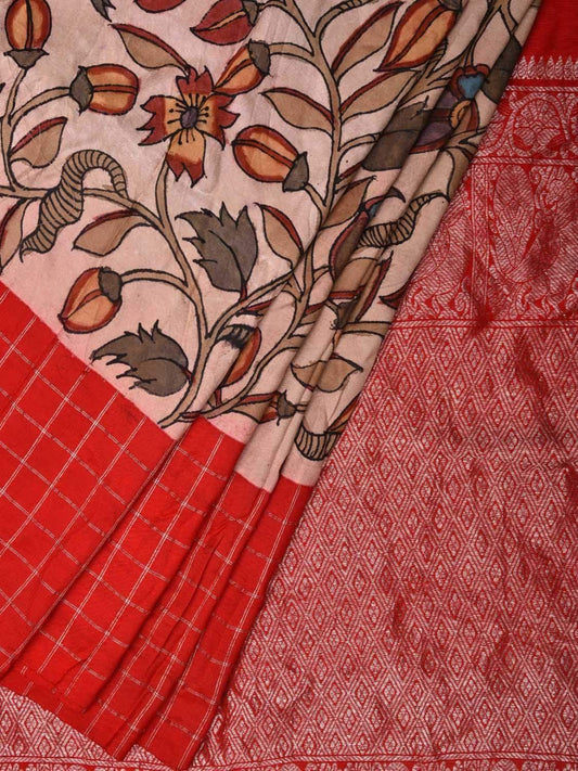 Cream Kalamkari Hand Painted Gadwal Silk Handloom Saree with Ganga-Jamuna Border Checks Design KL0478