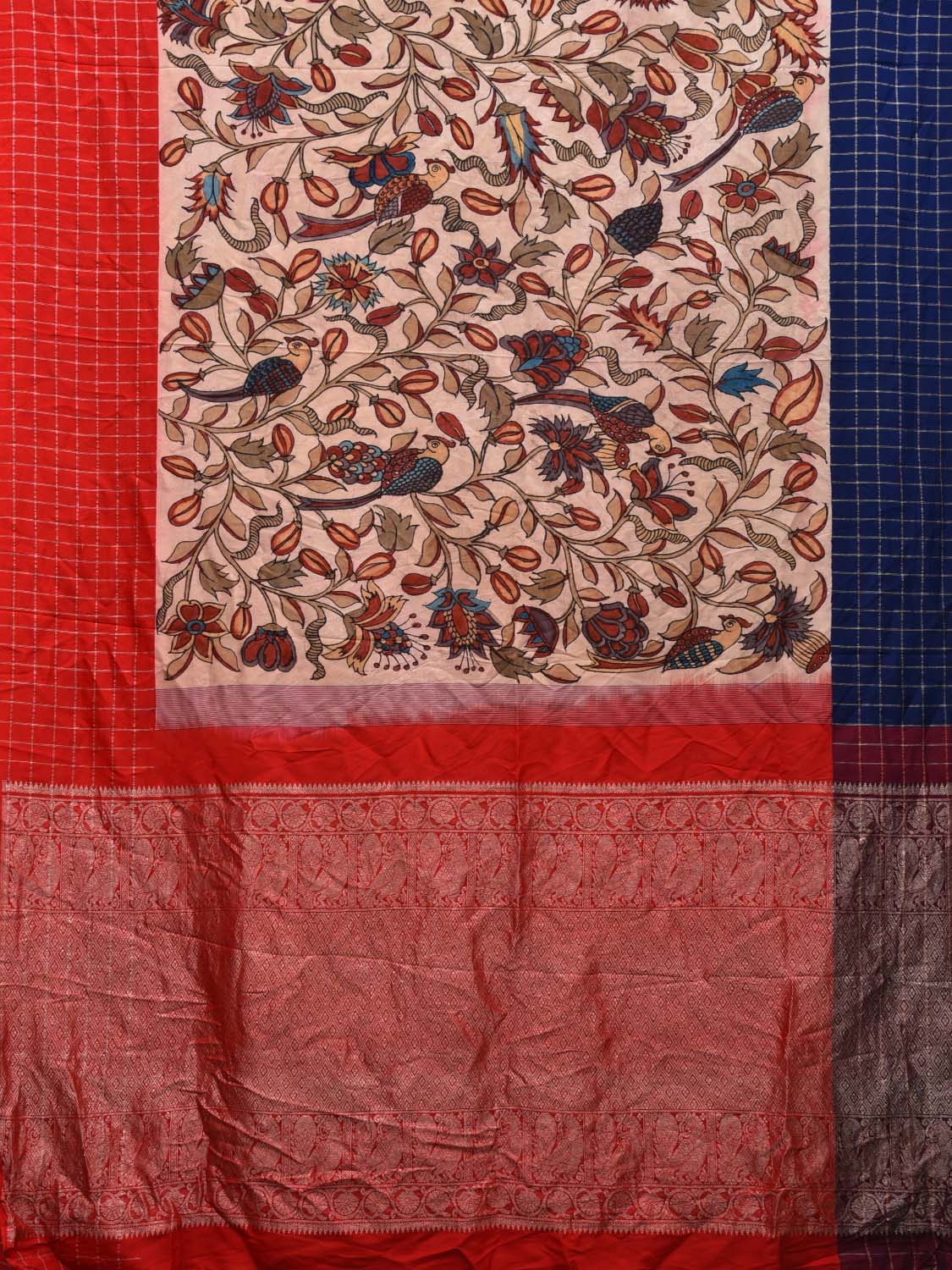 Cream Kalamkari Hand Painted Gadwal Silk Handloom Saree with Ganga-Jamuna Border Checks Design KL0478