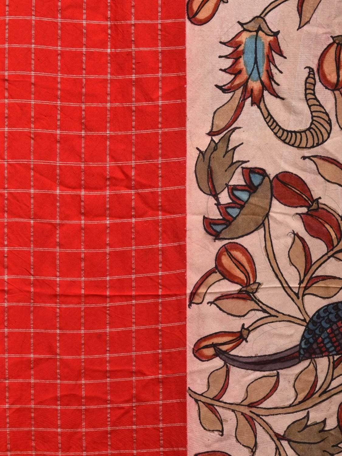 Cream Kalamkari Hand Painted Gadwal Silk Handloom Saree with Ganga-Jamuna Border Checks Design KL0478