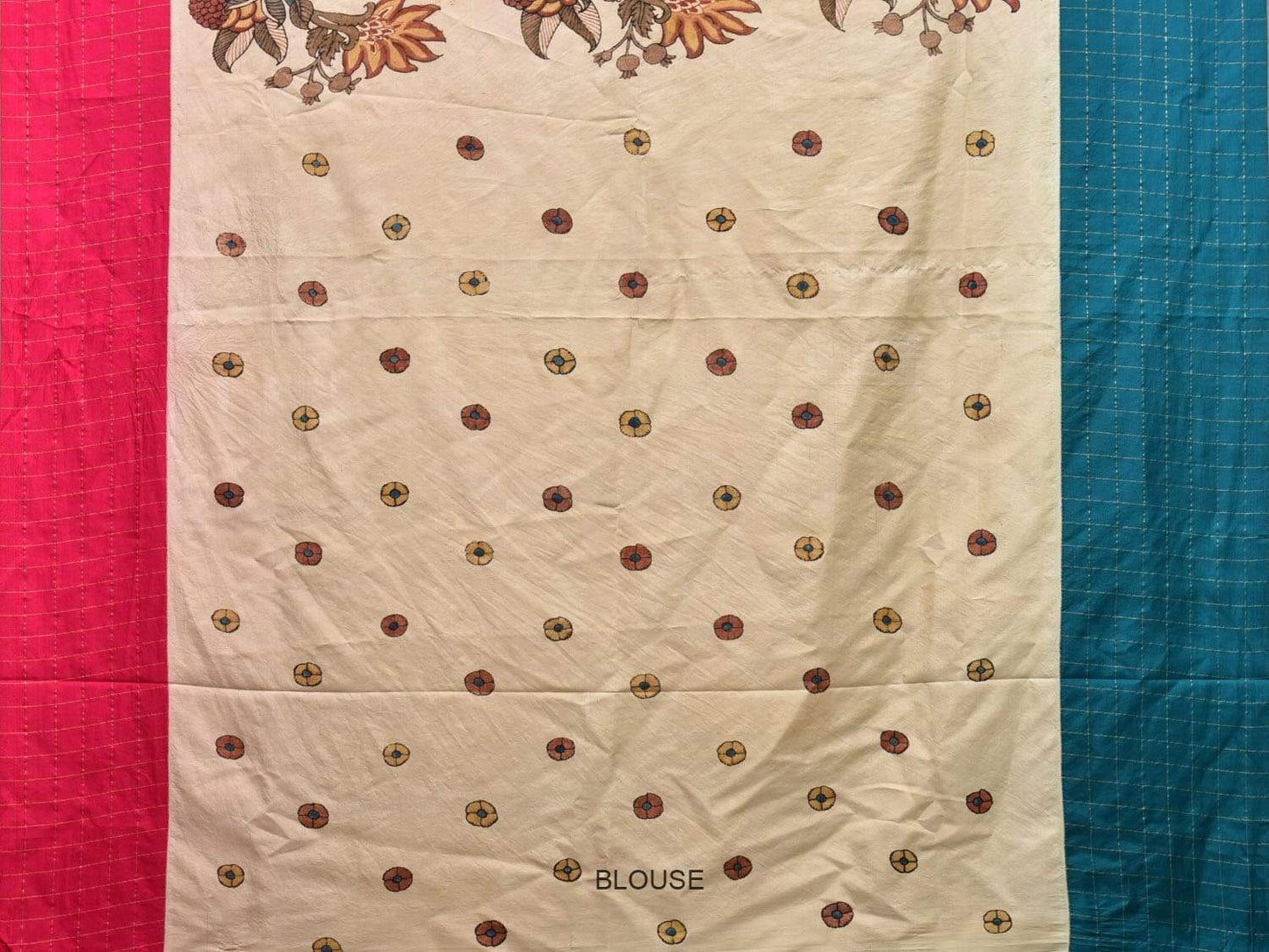 Cream Kalamkari Hand Painted Gadwal Silk Handloom Saree with Ganga-Jamuna Checks Border Design KL0422