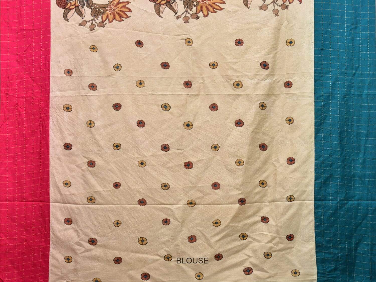 Cream Kalamkari Hand Painted Gadwal Silk Handloom Saree with Ganga-Jamuna Checks Border Design KL0422