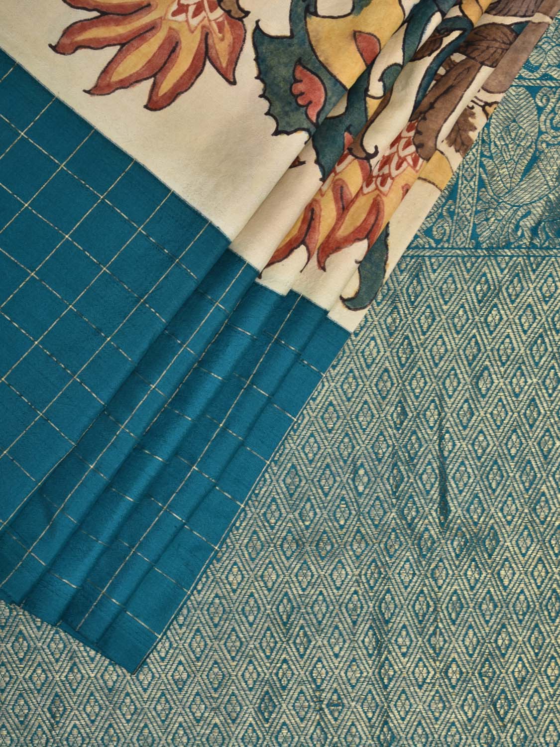 Cream Kalamkari Hand Painted Gadwal Silk Handloom Saree with Ganga-Jamuna Checks Border Design KL0422