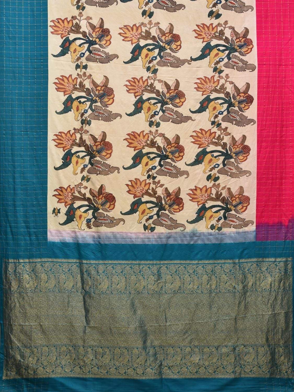 Cream Kalamkari Hand Painted Gadwal Silk Handloom Saree with Ganga-Jamuna Checks Border Design KL0422
