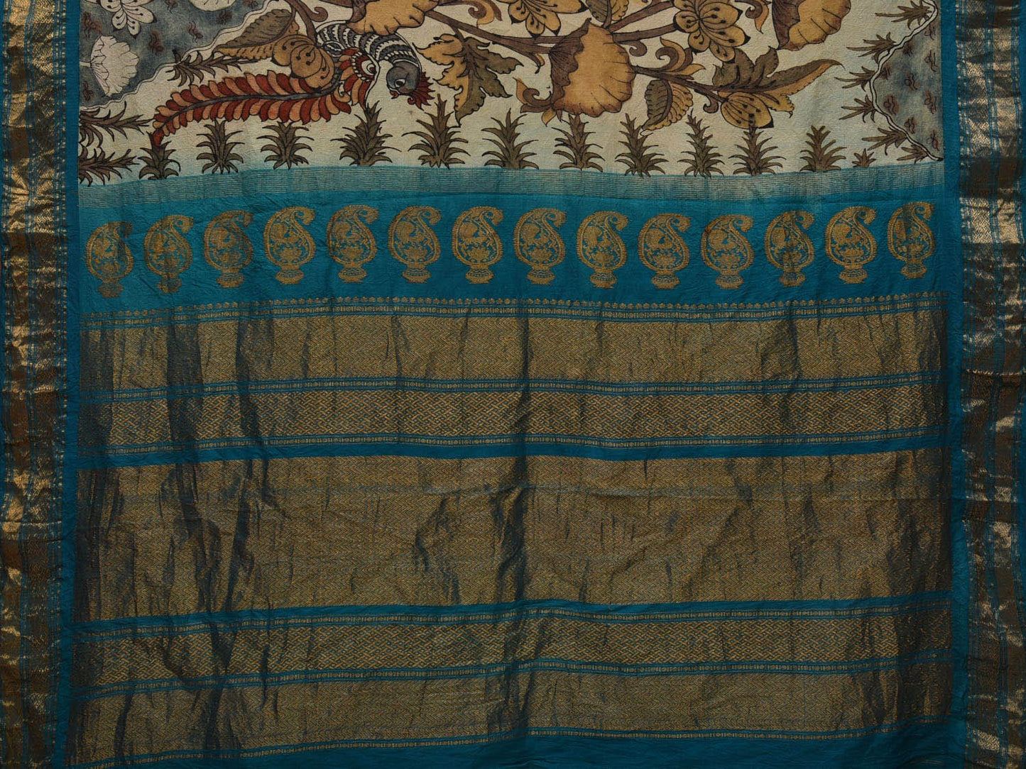 Cream Kalamkari Hand Painted Gadwal Silk Handloom Saree with Lotus and Peacock Design KL0694